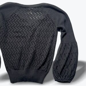 Catherine Malandrino Black Pointelle Cotton Cardigan Balloon Sleeve Cropped SM